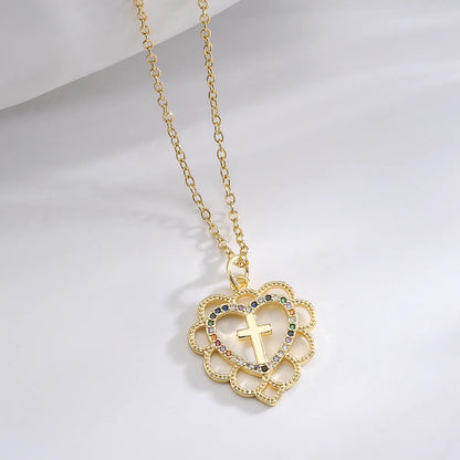 Fashion Cross Heart Shape Crown Copper Gold Plated Zircon Pendant Necklace 1 Piece