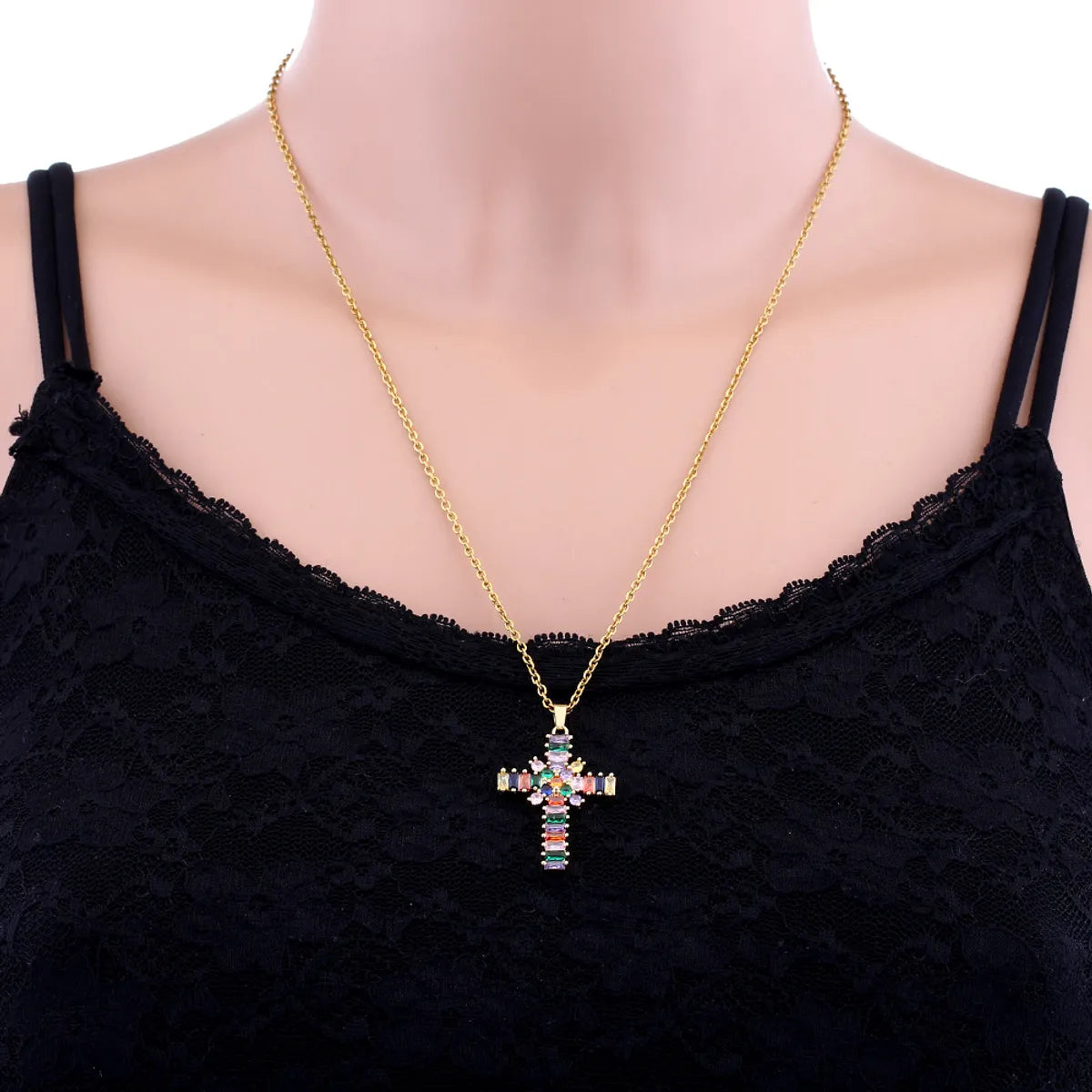 Fashion Cross Stainless Steel Copper Plating Inlay Zircon Pendant Necklace 1 Piece