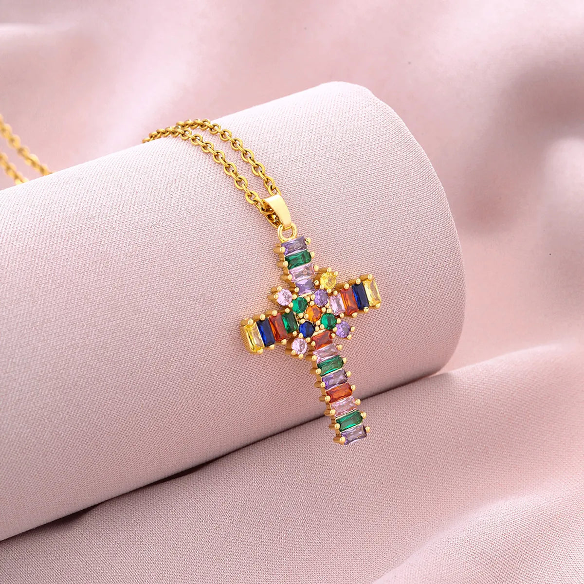 Fashion Cross Stainless Steel Copper Plating Inlay Zircon Pendant Necklace 1 Piece