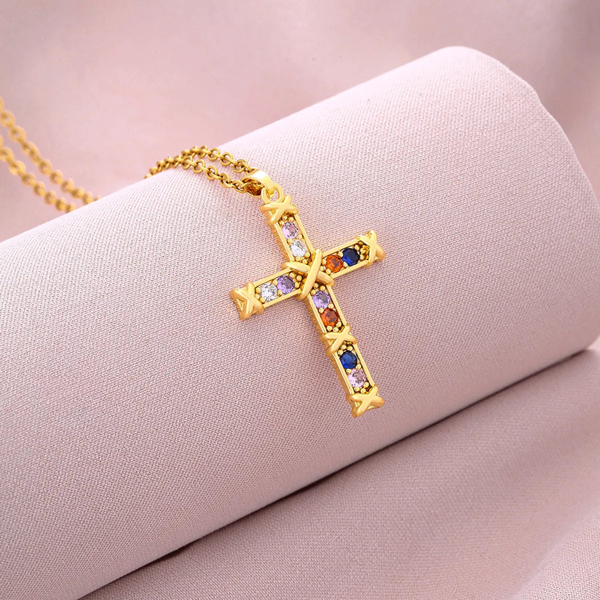 Fashion Cross Stainless Steel Copper Plating Inlay Zircon Pendant Necklace 1 Piece