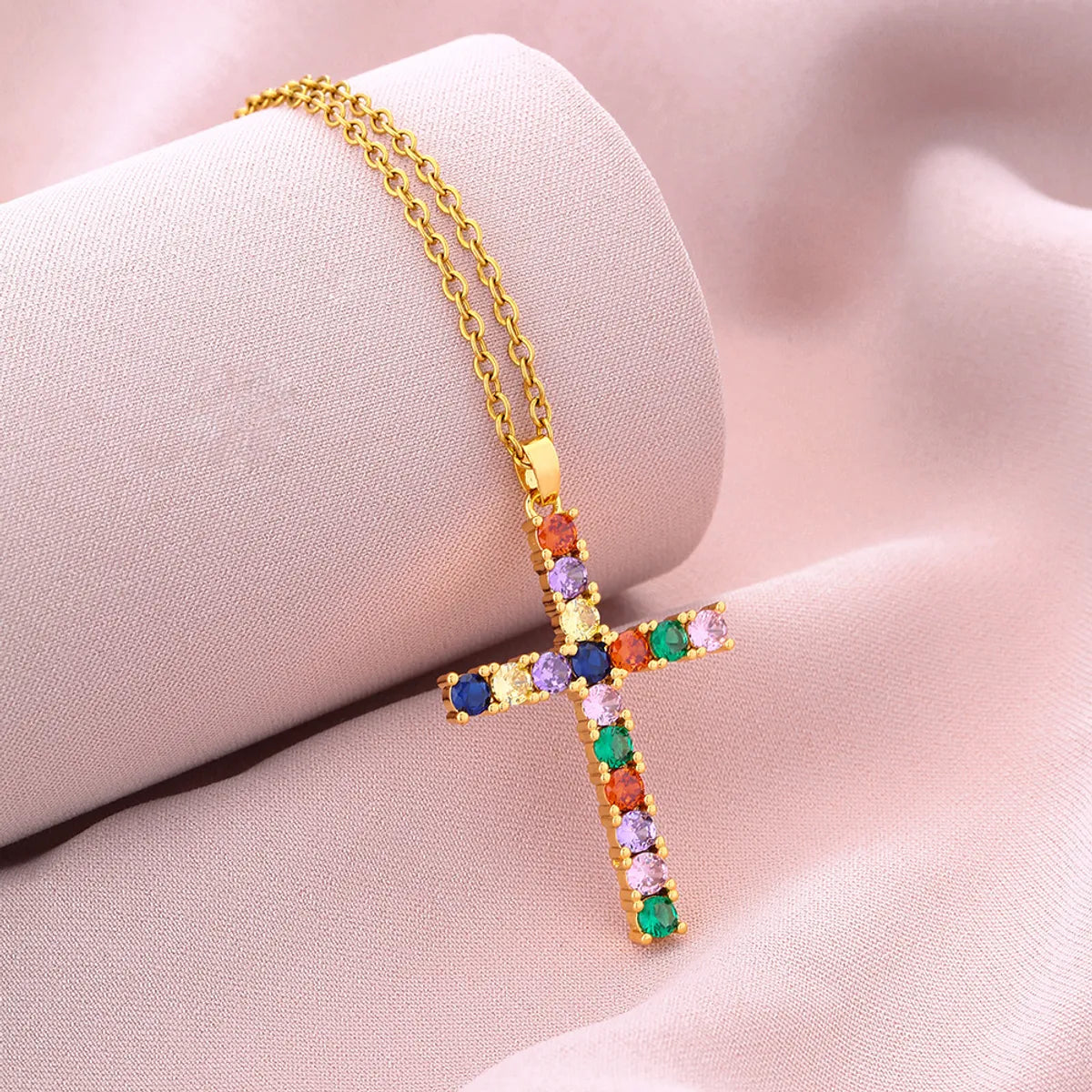 Fashion Cross Stainless Steel Copper Plating Inlay Zircon Pendant Necklace 1 Piece