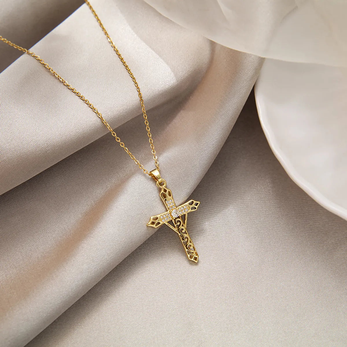 Fashion Cross Stainless Steel Inlay Zircon Necklace