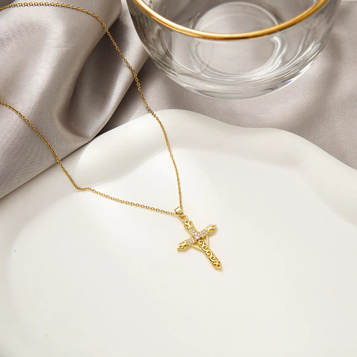 Fashion Cross Stainless Steel Inlay Zircon Necklace