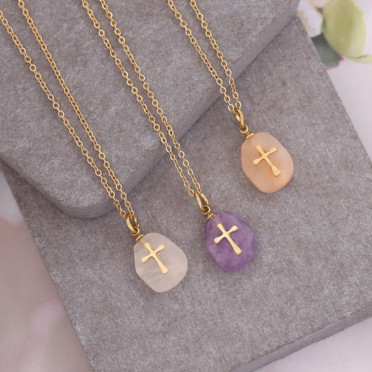 Fashion Cross Stainless Steel Natural Stone Plating Pendant Necklace