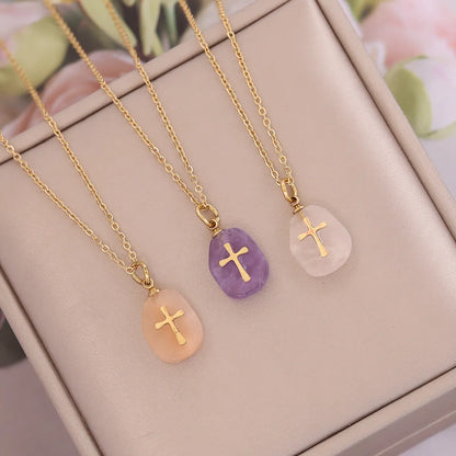 Fashion Cross Stainless Steel Natural Stone Plating Pendant Necklace