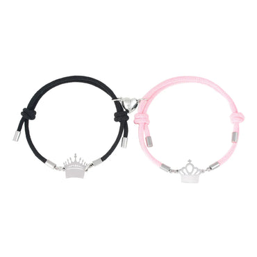 Fashion Crown Stainless Steel Synthetic Fibre Couple Bracelets 1 Pair