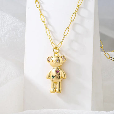 Fashion Cute Bear Moon Pendant Plating 18k Gold Micro Inlaid Zircon Copper Necklace