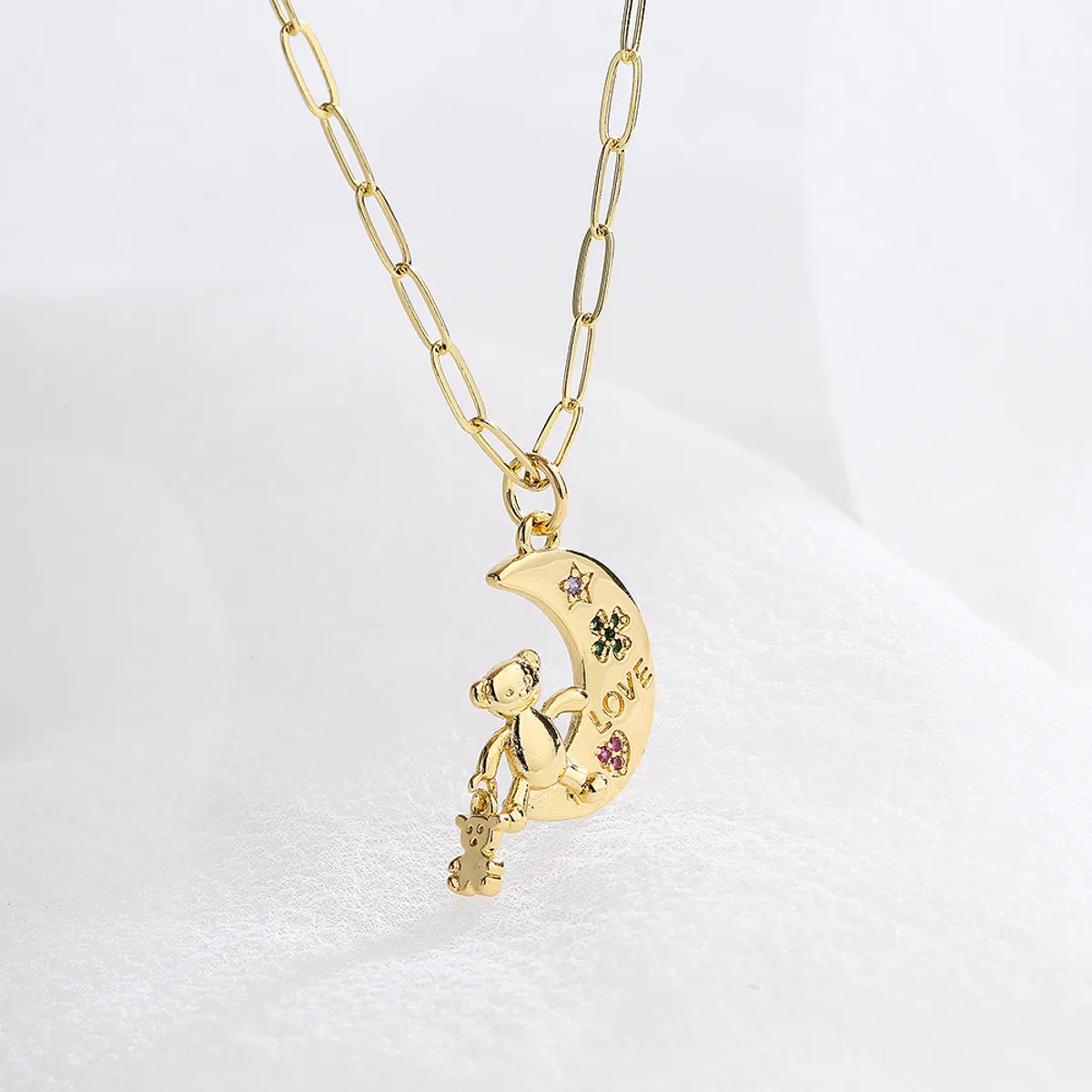 Fashion Cute Bear Moon Pendant Plating 18k Gold Micro Inlaid Zircon Copper Necklace