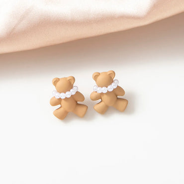 Fashion Cute Imitation Pearl Little Bear Metal Earring Female