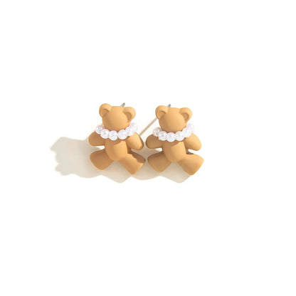 Fashion Cute Imitation Pearl Little Bear Metal Earring Female