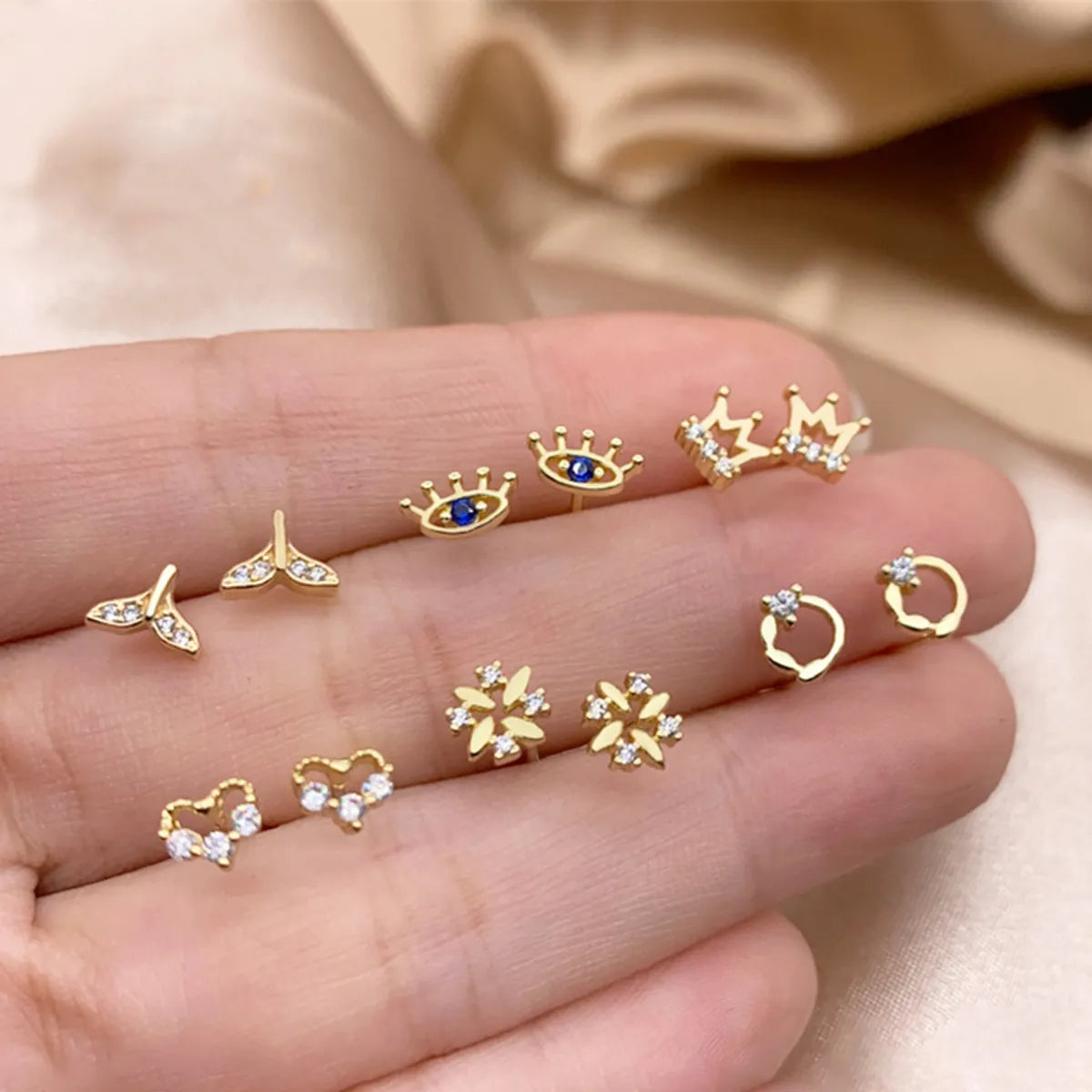 1 Pair Fashion Devil's Eye Crown Flower Inlay Copper Zircon Ear Studs