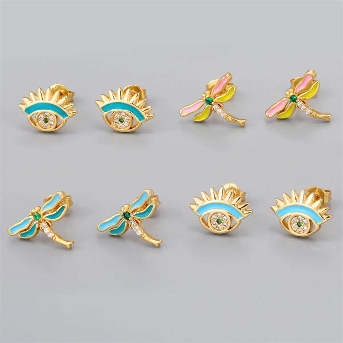 Fashion Devil's Eye Dragonfly Copper Enamel Zircon Gold Plated Ear Studs 1 Pair