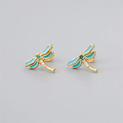 Fashion Devil's Eye Dragonfly Copper Enamel Zircon Gold Plated Ear Studs 1 Pair