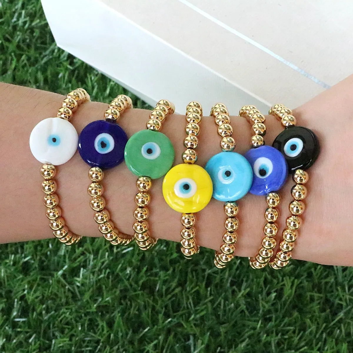 Fashion Devil's Eye Glass Copper Beaded Gold Plated Bracelets 1 Piece