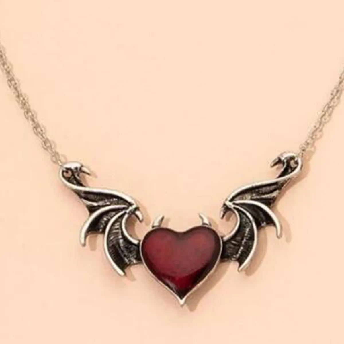 Fashion Devil Wings Gothic Retro Punk Alloy Pendant Heart-shaped Drop Oil Necklace