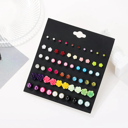 Fashion Diamond-studded Color Flower Pearl Acrylic 30 Pairs Set Alloy Earrings