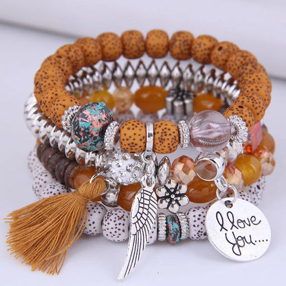 Fashion Disc Heart Wings Tassels Beads Multi-Layered Bracelet Wholesale