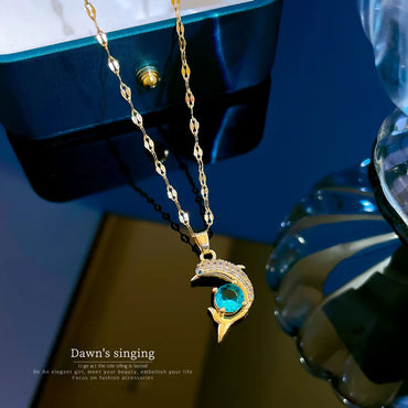 Fashion Dolphin Titanium Steel Copper Plating Inlay Zircon Pendant Necklace