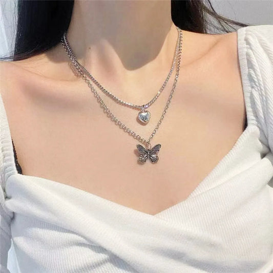 Fashion Double-Layer Hip-Hop Full Diamond Heart-Shaped Pendant Alloy Necklace