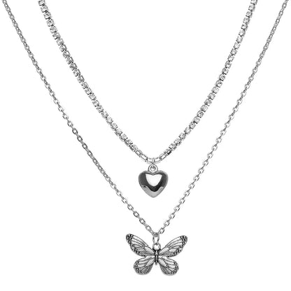 Fashion Double-Layer Hip-Hop Full Diamond Heart-Shaped Pendant Alloy Necklace