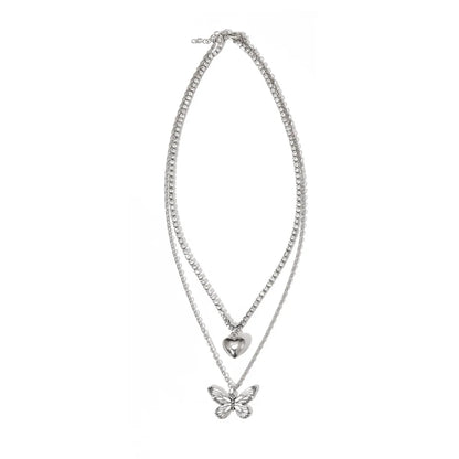 Fashion Double-Layer Hip-Hop Full Diamond Heart-Shaped Pendant Alloy Necklace