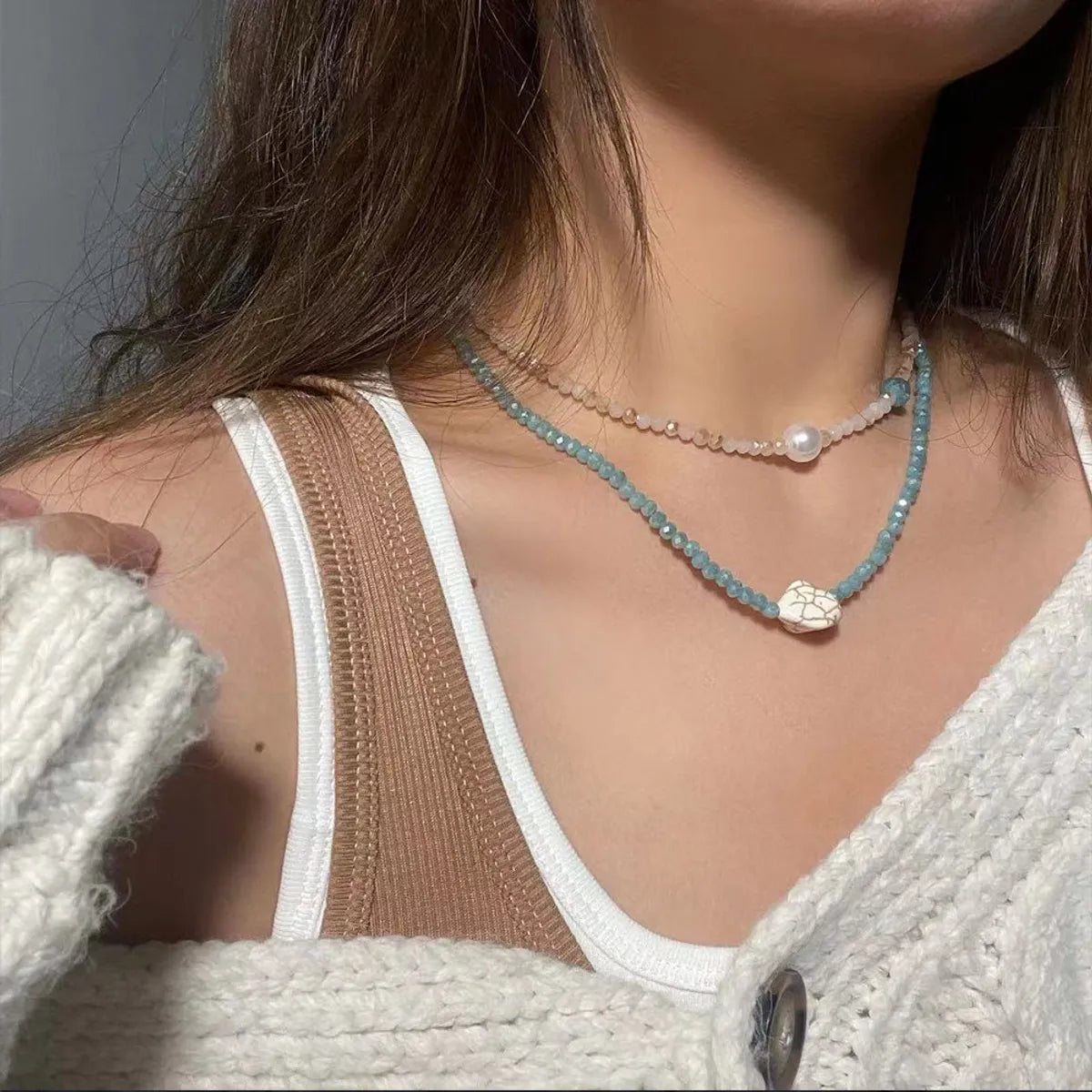 Fashion Double Layered Wearing Crystal Turquoise Pearl Clavicle Chain