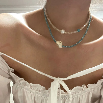 Fashion Double Layered Wearing Crystal Turquoise Pearl Clavicle Chain