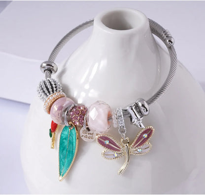 Fashion Dragonfly Alloy Steel Patchwork Inlay Artificial Gemstones Pearl Women's Bangle 1 Piece