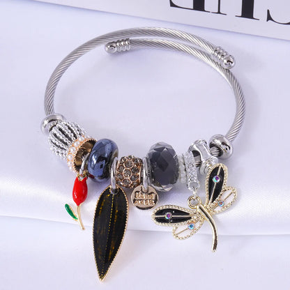 Fashion Dragonfly Alloy Steel Patchwork Inlay Artificial Gemstones Pearl Women's Bangle 1 Piece