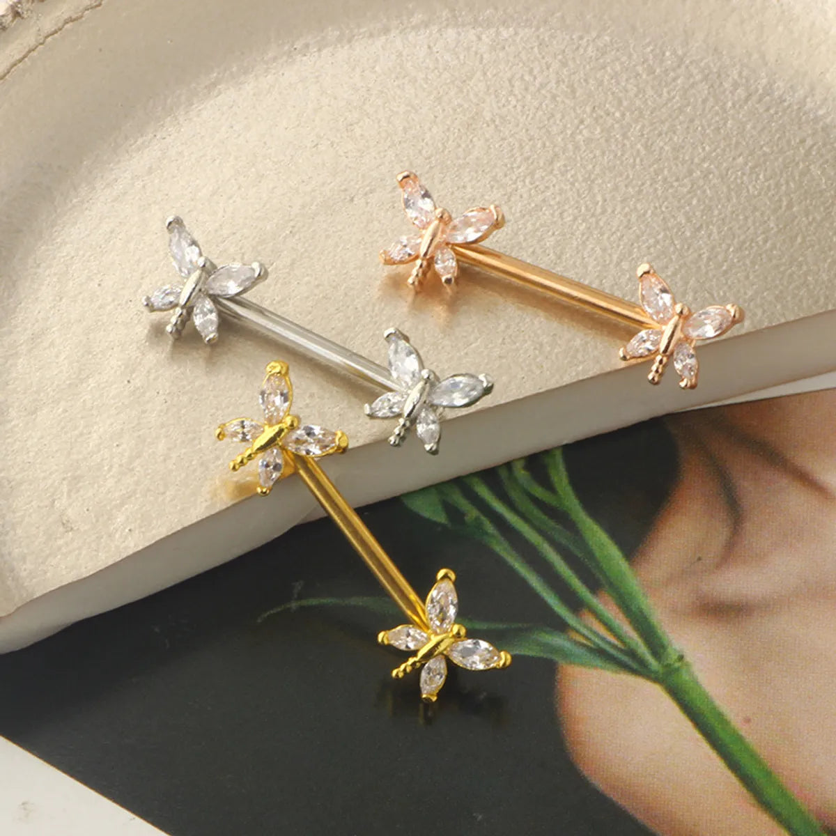 Fashion Dragonfly Stainless Steel Plating Zircon Adhesive Nail