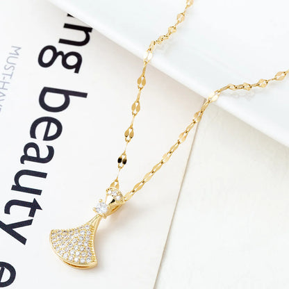 Fashion Dreamcatcher Key Ginkgo Leaf Titanium Steel Copper Gold Plated Hollow Out Inlay Zircon Pendant Necklace 1 Piece