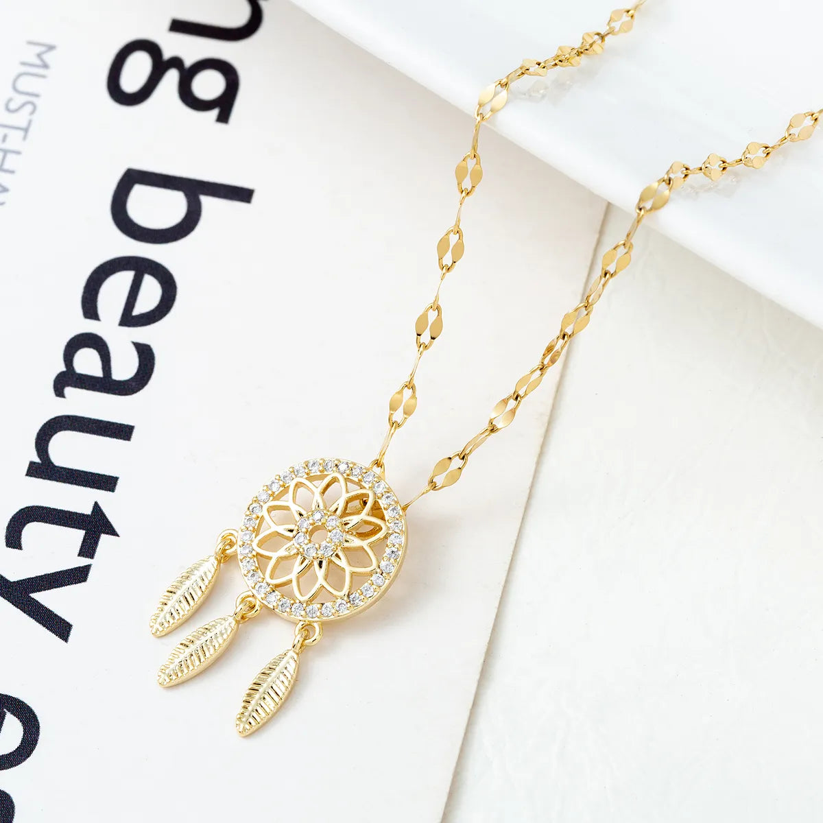 Fashion Dreamcatcher Key Ginkgo Leaf Titanium Steel Copper Gold Plated Hollow Out Inlay Zircon Pendant Necklace 1 Piece