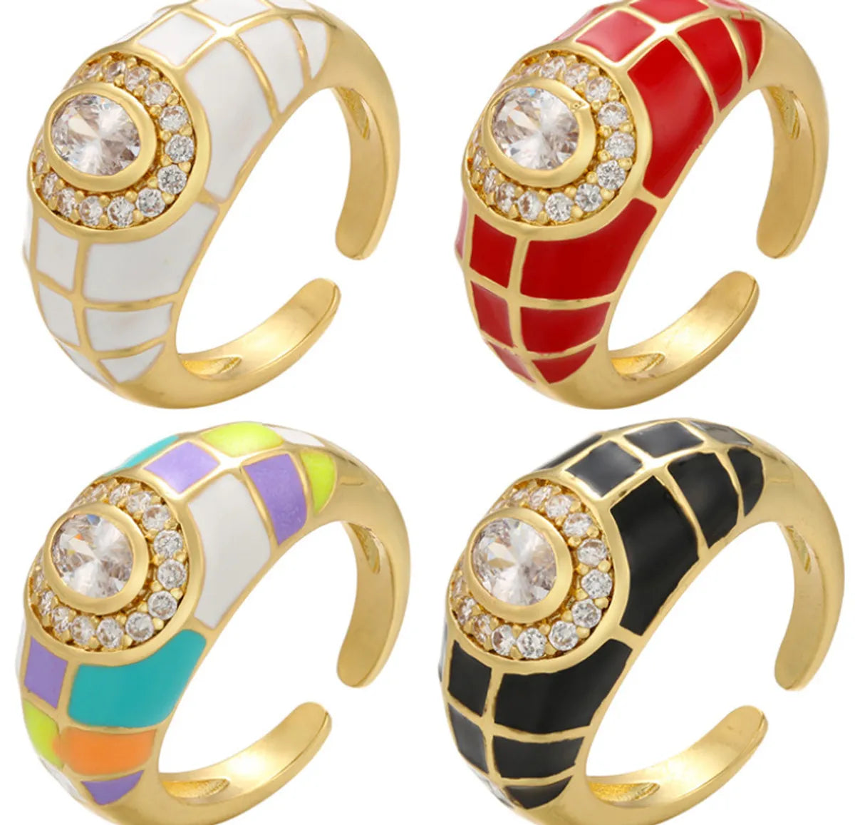 Fashion Dripping Oil Adjustable Wide Face Inlaid Zircon Grid Stripe Copper Ring Wholesale Gooddiy