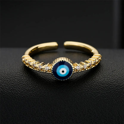 Fashion Dripping Oil Devil's Eye Open Ring Copper-plated 18k Gold Micro-set Zircon Ring