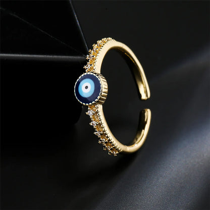 Fashion Dripping Oil Devil's Eye Open Ring Copper-plated 18k Gold Micro-set Zircon Ring