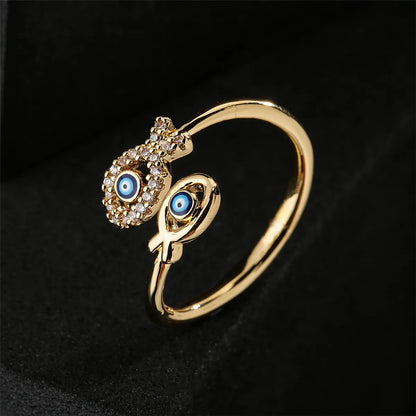 Fashion Dripping Oil Devil's Eye Ring Copper Gold Plated Double Fish Design Geometric Open Ring