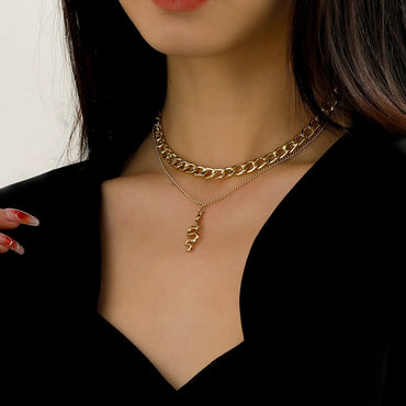 Fashion Elegant Gold Plated Pearl Snake Pendant Double-layer Thick Chain Necklace