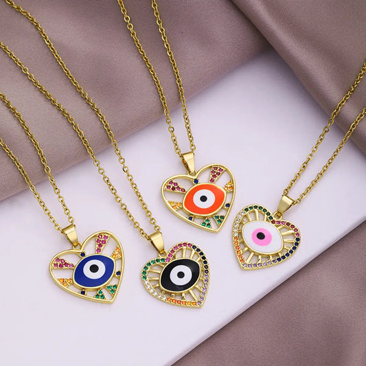 Fashion Evil Eye Copper Inlaid Zircon  Drop Oil Heart-shaped Pendant Stainless Steel Necklace