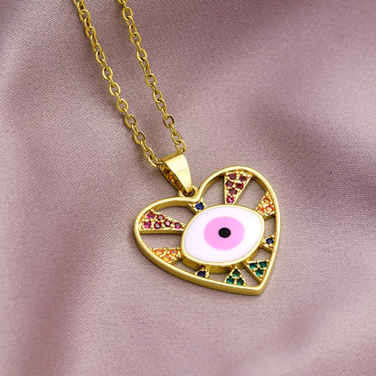 Fashion Evil Eye Copper Inlaid Zircon  Drop Oil Heart-shaped Pendant Stainless Steel Necklace