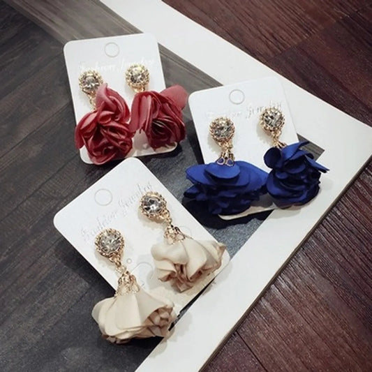 Fashion Fabric Flower Flash Drill Drop Earrings Wholesale