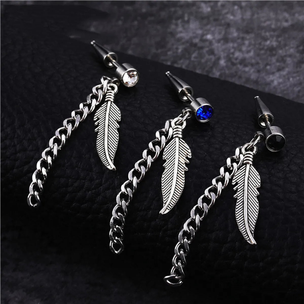 Fashion Feather Titanium Steel Chain Inlay Artificial Gemstones Drop Earrings 1 Piece