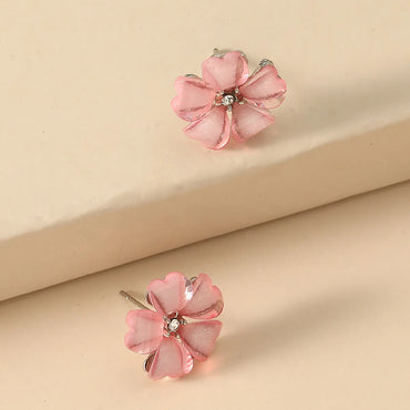 Fashion Five Petal Pink Black Flower Shaped Cute Stud Earrings