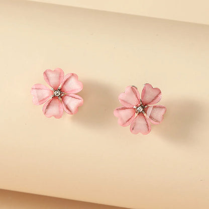 Fashion Five Petal Pink Black Flower Shaped Cute Stud Earrings