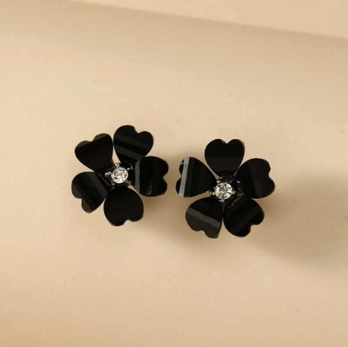 Fashion Five Petal Pink Black Flower Shaped Cute Stud Earrings