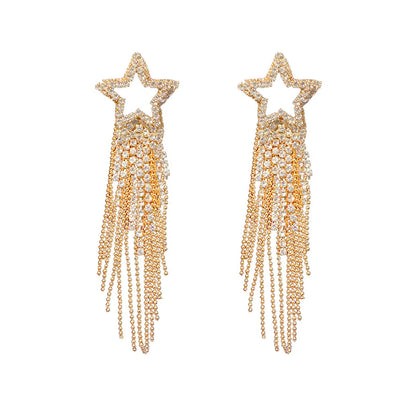 Fashion Five-Pointed Star Long Tassel Inlaid Rhinestone Earrings Wholesale