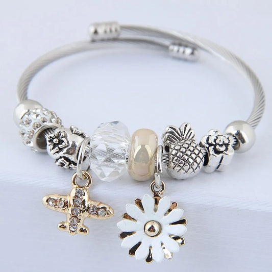 Fashion Flower Alloy Beaded Rhinestone Bangle 1 Piece