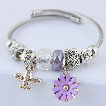 Fashion Flower Alloy Beaded Rhinestone Bangle 1 Piece