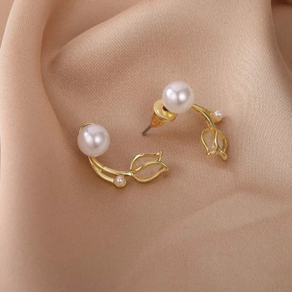 1 Pair Fashion Flower Inlay Alloy Artificial Pearls Opal Ear Studs