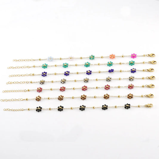 Wholesale Fashion Flower Artificial Crystal Titanium Steel Beaded Plating 18k Gold Plated Bracelets Necklace