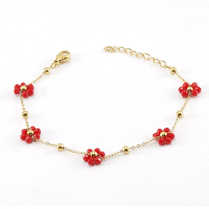 Wholesale Fashion Flower Artificial Crystal Titanium Steel Beaded Plating 18k Gold Plated Bracelets Necklace